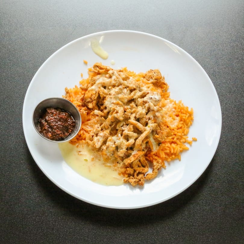 Chicken and rice dish with melted cheese and a side of dark salsa on a white plate.